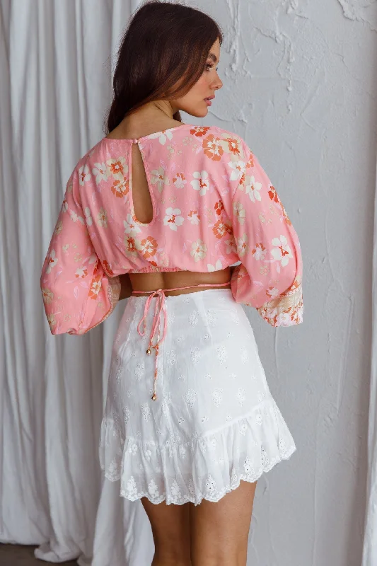 Sea View Long Sleeve Crop Top Floral Pink