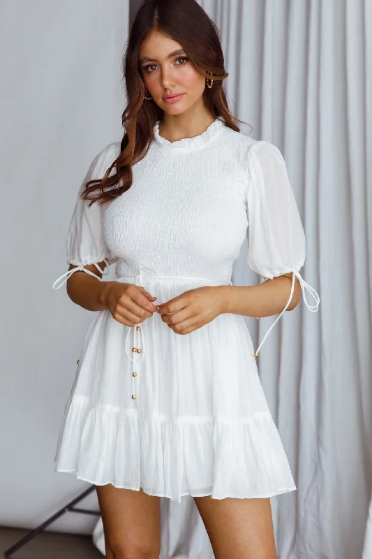 Secret Garden Puff Sleeve Smocked Bodice Dress White