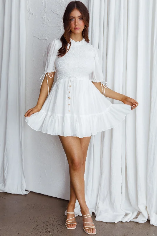 Secret Garden Puff Sleeve Smocked Bodice Dress White