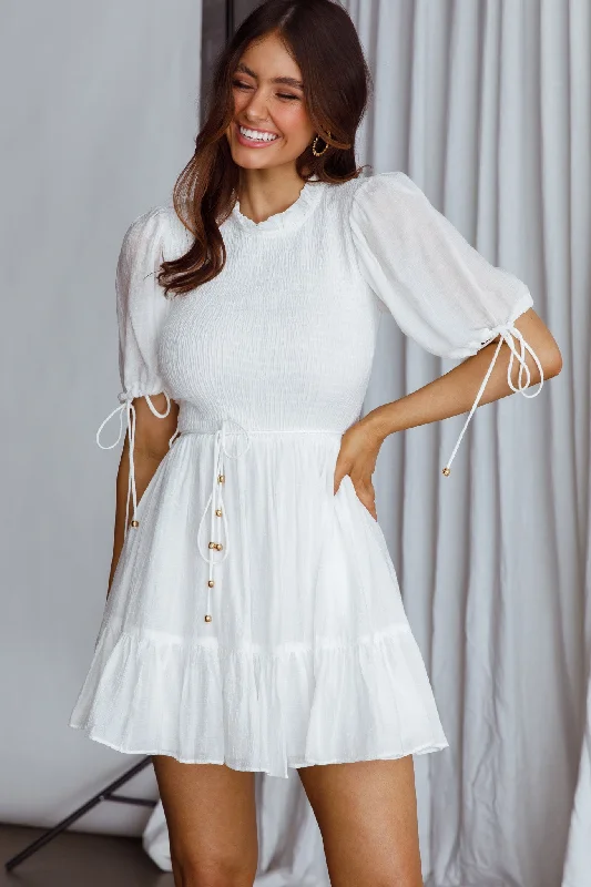 Secret Garden Puff Sleeve Smocked Bodice Dress White