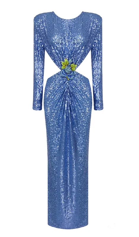 SEQUIN CUTOUT BACKLESS MAXI DRESS IN BLUE