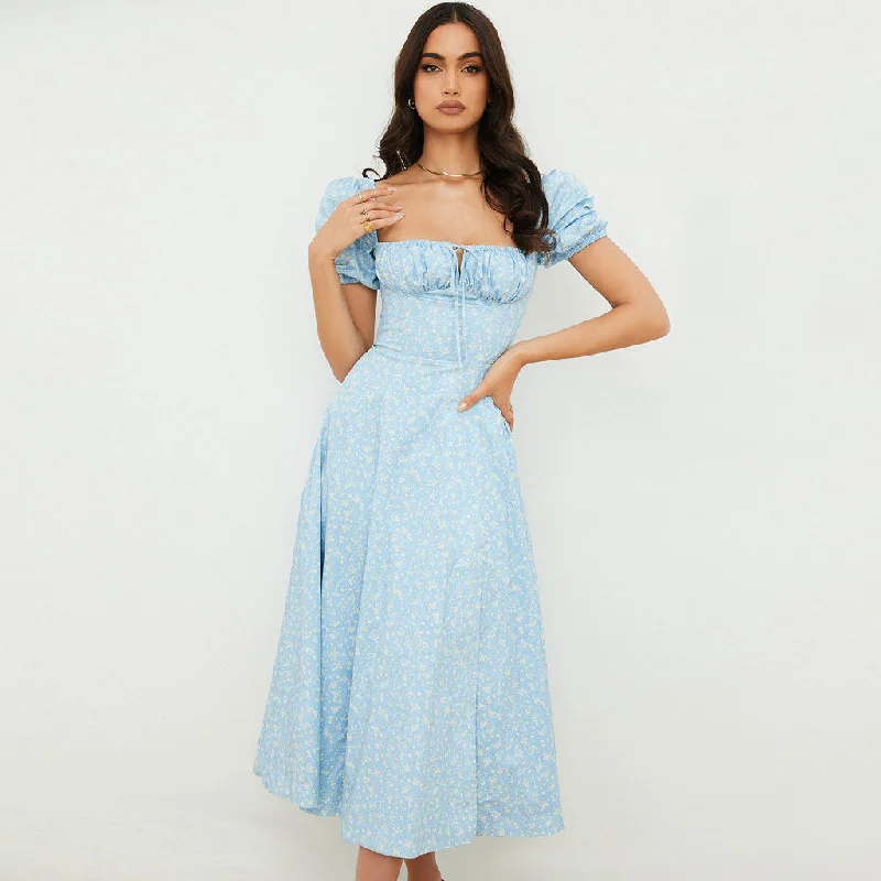 BerryBetty - Daisy Printed Puff Sleeve High Slit Smock Maxi Sundress - Sky Blue