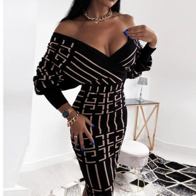 Amy Fashion - Sexy Deep V Neck Office Lady Long Sleeve Dress