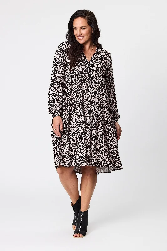 Shine On Label Karlene Tiered Shirt Dress Abstract Animal