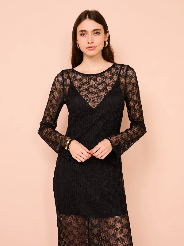 Shona Joy Sol Lace Long Sleeve Midi Dress in Black