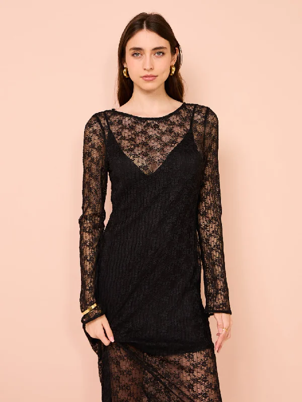 Shona Joy Sol Lace Long Sleeve Midi Dress in Black