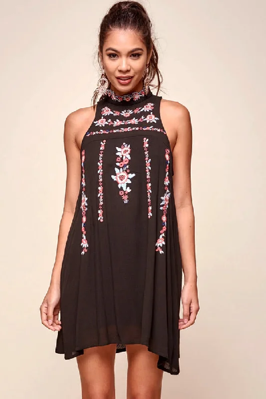 Shonda Floral Embroidered Detail Mid-Length Dress Black