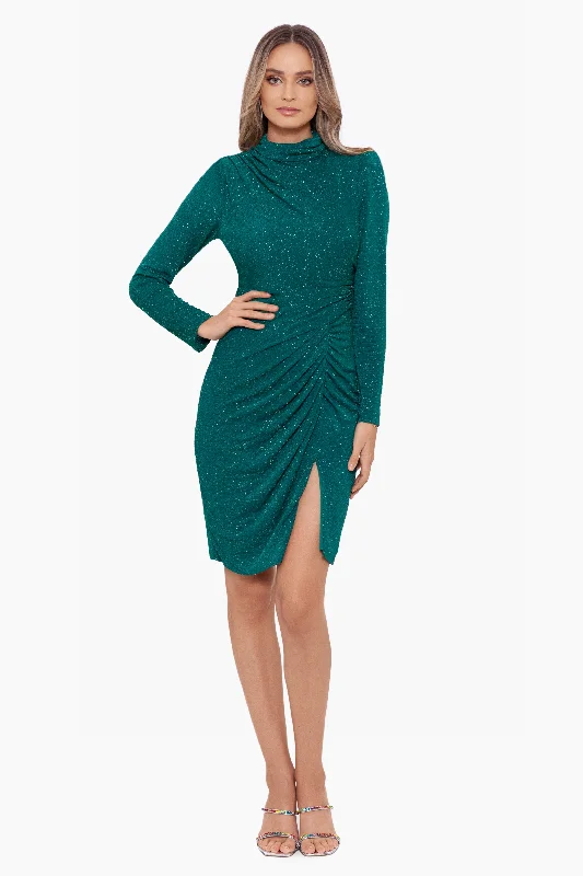 Short Long Sleeve Puff Glitter High Neck Dress