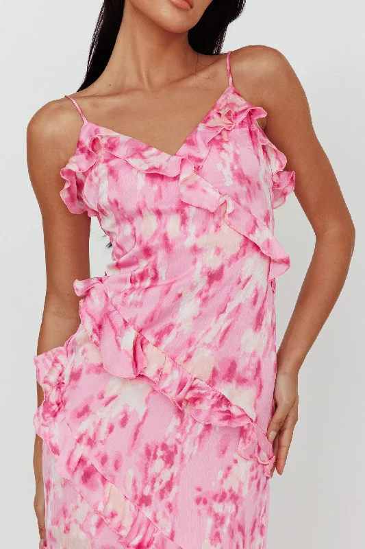 Silvana Frill Trim Midi Dress Print Pink