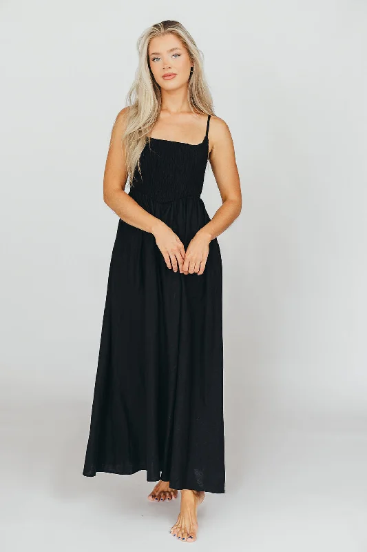 Josefina Smocked Midi Dress in Black - Bump Friendly