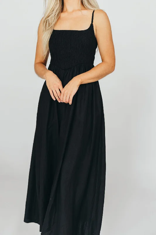 Josefina Smocked Midi Dress in Black - Bump Friendly