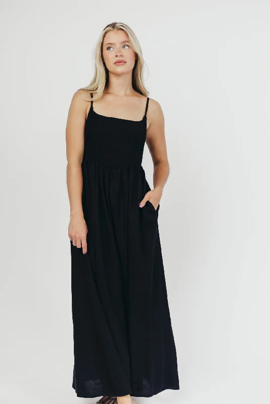 Josefina Smocked Midi Dress in Black - Bump Friendly