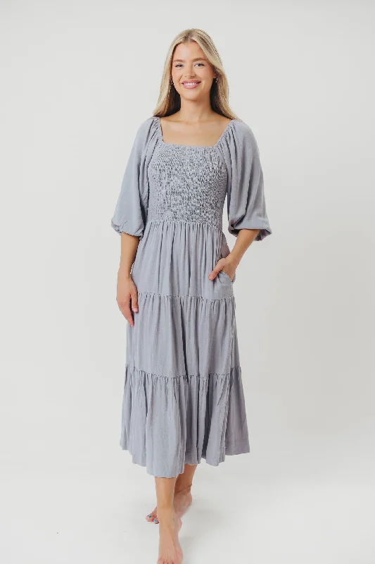 Taylor Linen-Blend Smocked Midi Dress with Tiered Skirt in Blue Fog - Inclusive Sizing