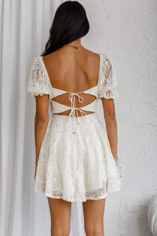 Soho Puff Sleeve Tied Back Lace Mini Dress Cream