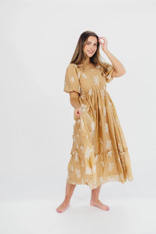 Hallie Embroidered Maxi Dress in Camel - Bump Friendly & Inclusive Sizing (S-3XL)