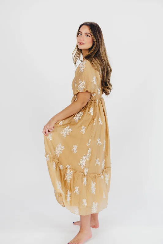 Hallie Embroidered Maxi Dress in Camel - Bump Friendly & Inclusive Sizing (S-3XL)