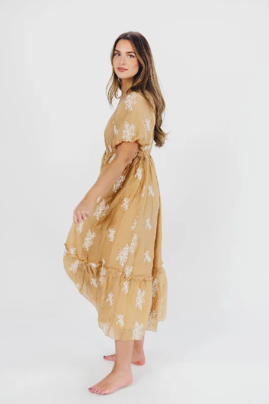 Hallie Embroidered Maxi Dress in Camel - Bump Friendly & Inclusive Sizing (S-3XL)