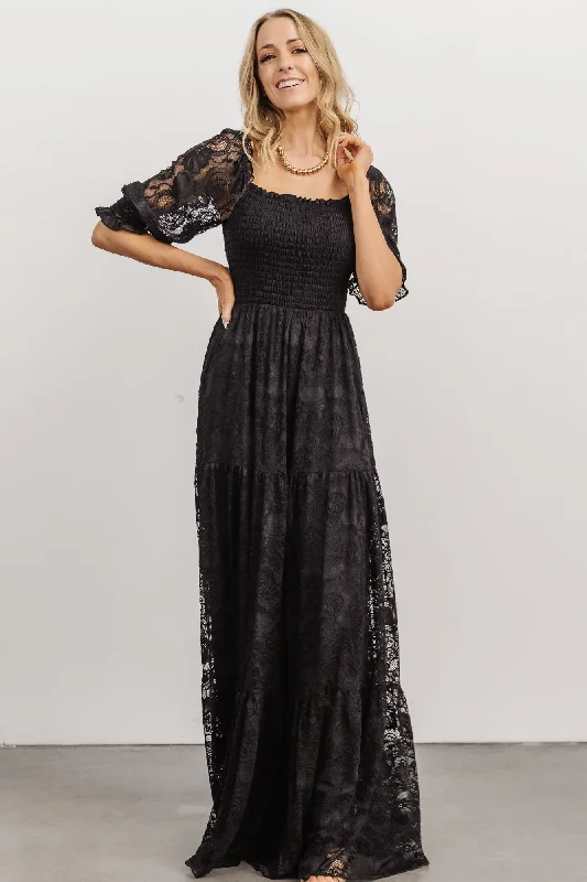 Stella Smocked Lace Maxi Dress | Black