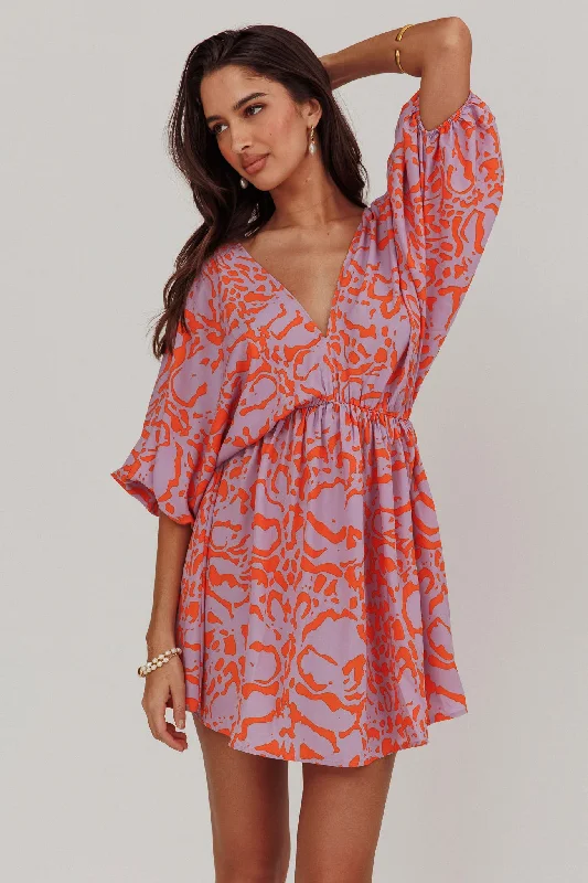 Sugar Coat Print Puff Sleeves Mini Dress Lavender