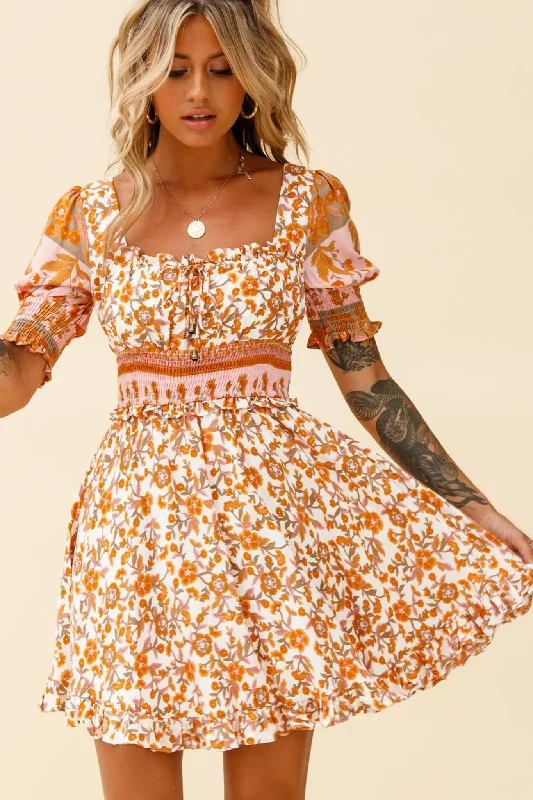 Summer In Paris Puff Sleeve Open Back Dress Floral Print White/Pink