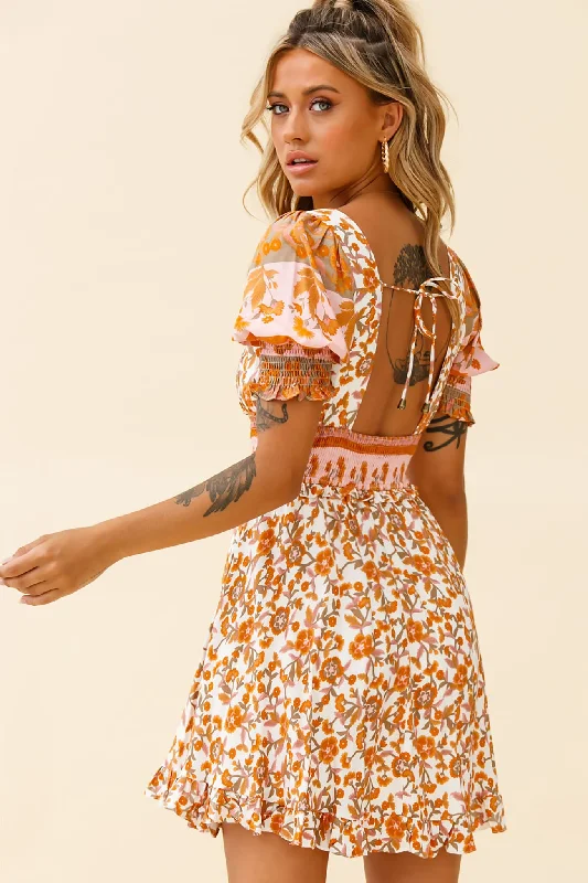 Summer In Paris Puff Sleeve Open Back Dress Floral Print White/Pink