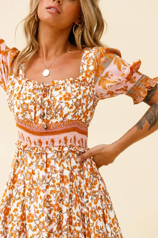 Summer In Paris Puff Sleeve Open Back Dress Floral Print White/Pink