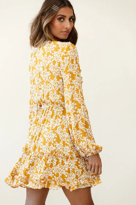 Sunny Daze Long Sleeve Tie-Knot Bust Dress Floral Print Mustard