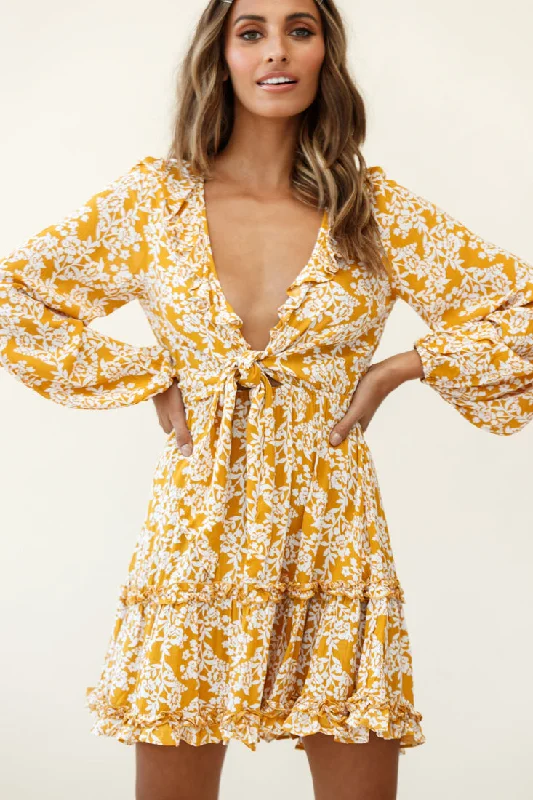 Sunny Daze Long Sleeve Tie-Knot Bust Dress Floral Print Mustard