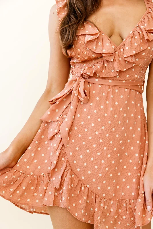 Sunny Monday Ruffle Trim Wrap Style Dress Polka Dot Print Rose