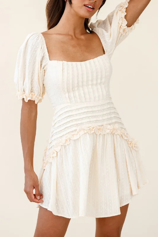 Sunshine Lane Milkmaid Sleeve Lace-up Back Dress Beige