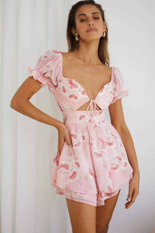 Sweet Romance Puff Sleeve Romper Watercolor Print Pink