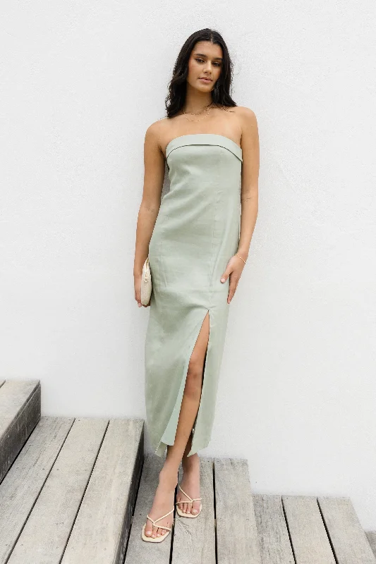 Swell Sage Linen Blend Strapless Maxi Dress