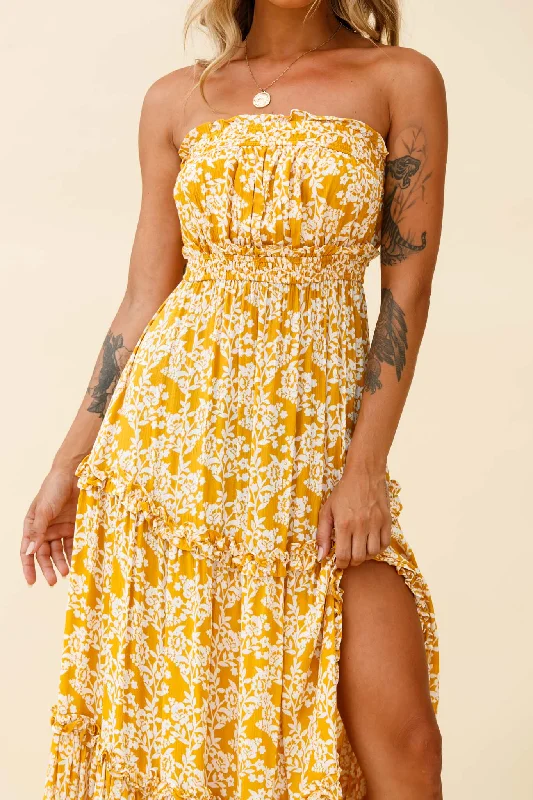 Take Me Away Strapless Maxi Dress Floral Print Mustard