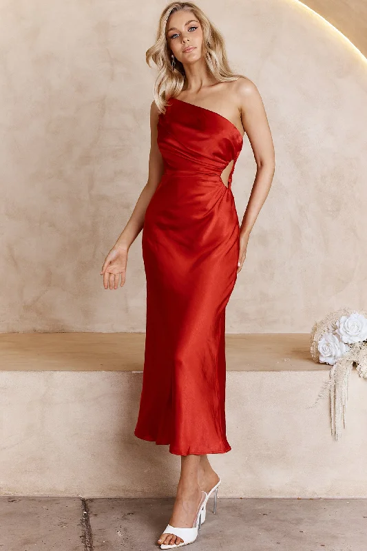 Taking Bets One Shoulder Satin Midi Dress Red