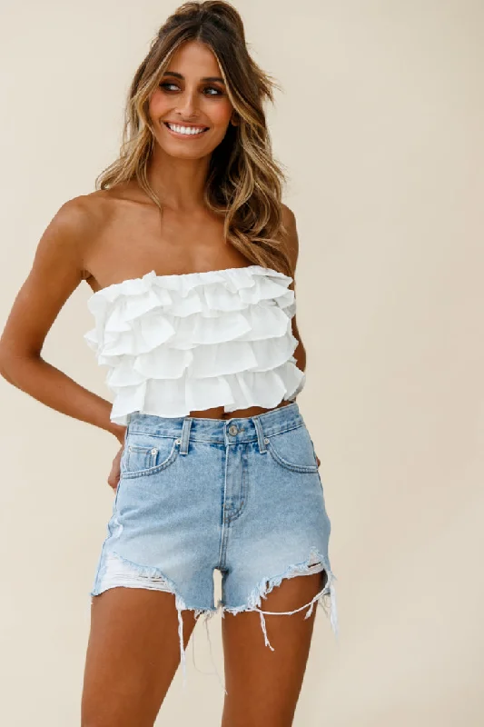 Talulah Layered Ruffle Lace-Up Back Crop Top White