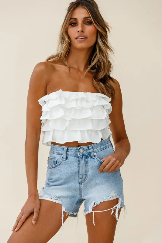 Talulah Layered Ruffle Lace-Up Back Crop Top White