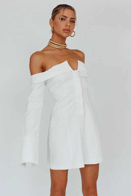 Tamra Long Sleeve Off-Shoulder Zip Dress White