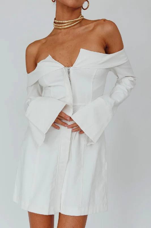 Tamra Long Sleeve Off-Shoulder Zip Dress White