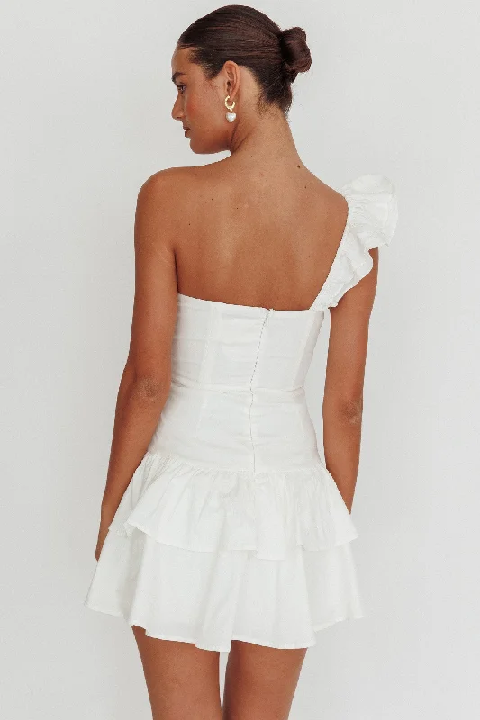 Tea Time One Shoulder Ruffle Mini Dress White