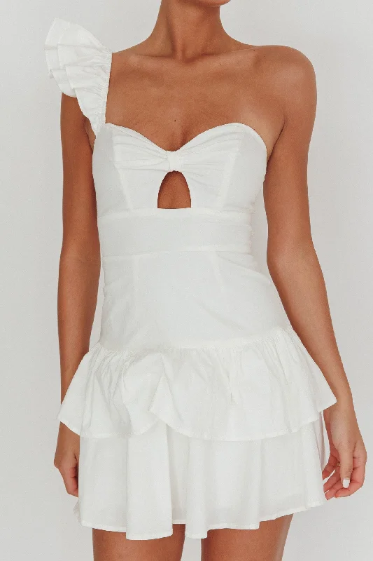 Tea Time One Shoulder Ruffle Mini Dress White