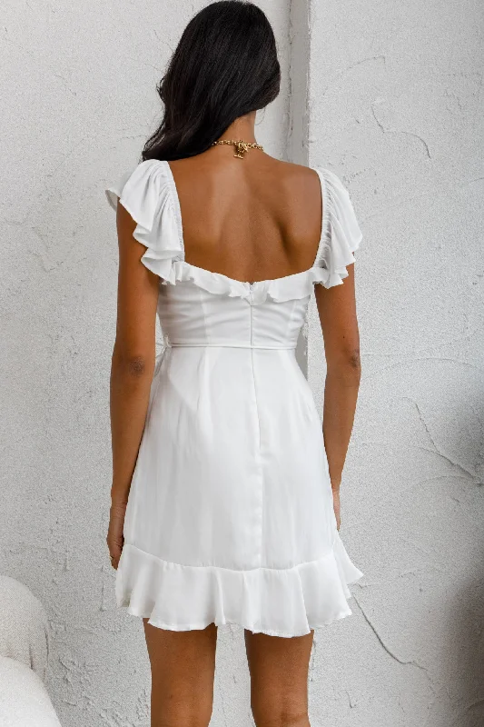 Thinkin' Bout You Ruffle Trim Waist-Tie Dress White