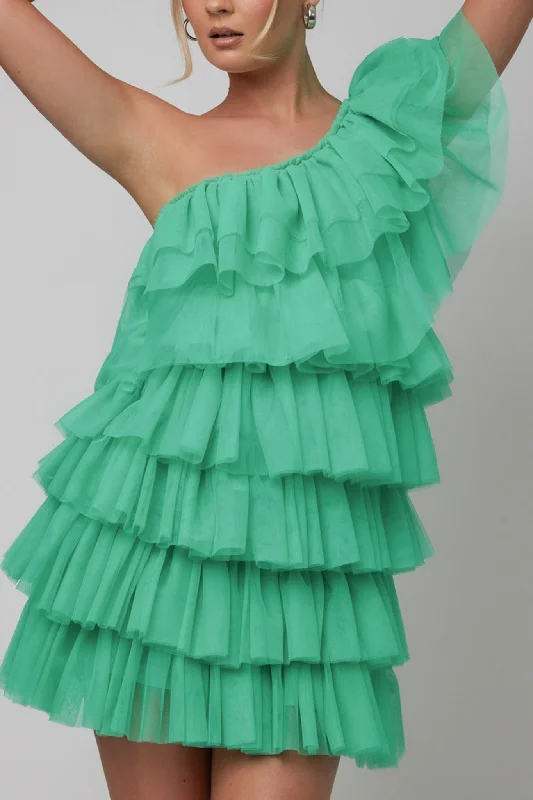 Tomi Layered Frill One-Shoulder Mini Dress Spearmint