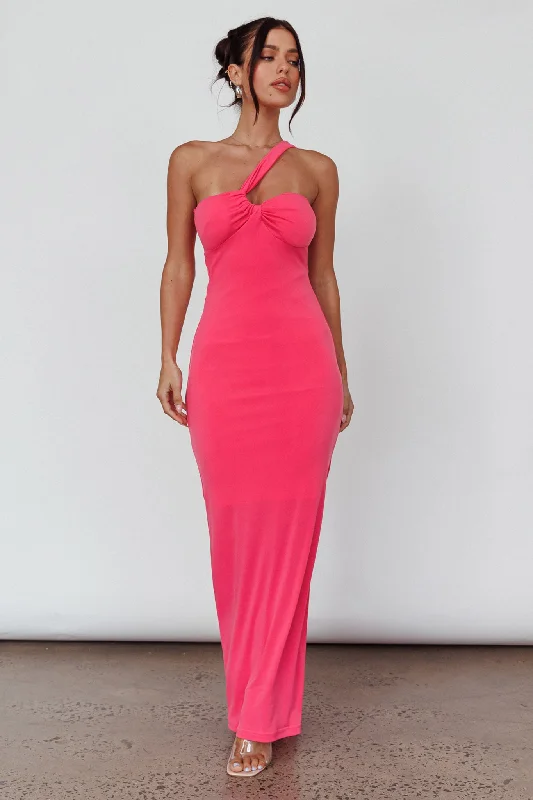 Trinny One-Shoulder Ruched Back Midi Dress Hot Pink