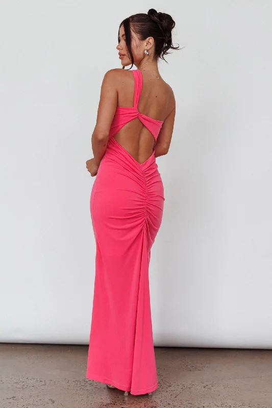 Trinny One-Shoulder Ruched Back Midi Dress Hot Pink