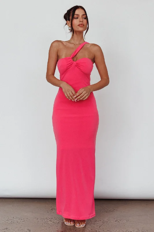 Trinny One-Shoulder Ruched Back Midi Dress Hot Pink