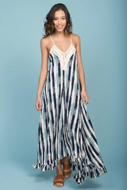 Tristan Striped Crochet Detail Maxi Dress Navy & Beige