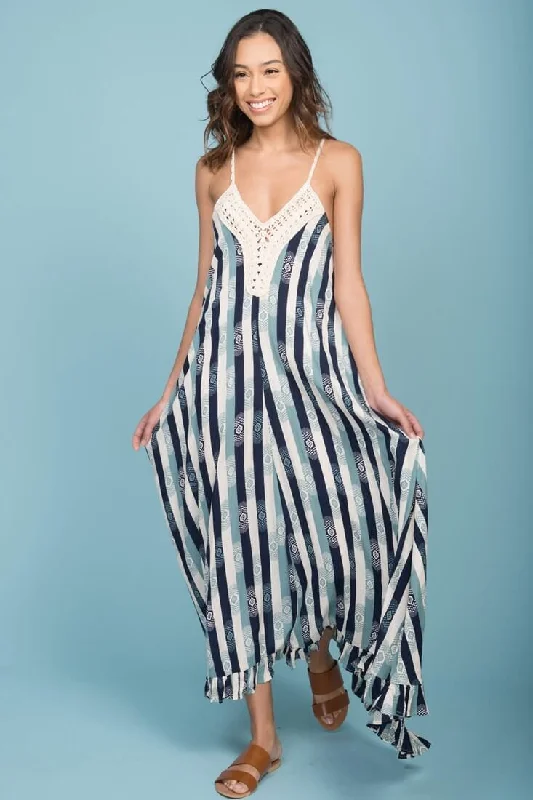 Tristan Striped Crochet Detail Maxi Dress Navy & Beige