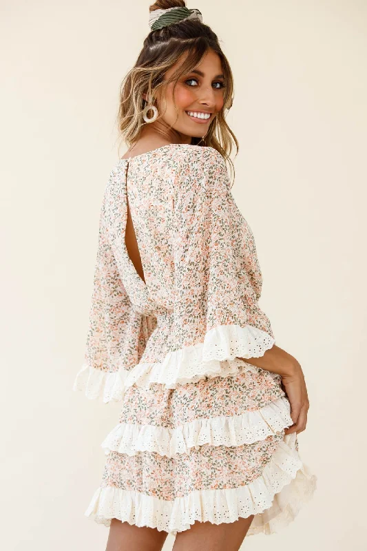 Tulsa 3/4 Sleeve Waist Tie Frill Dress Floral Print Nude