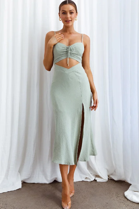 Twin Flame Drawstring Bust Midi Dress Sage