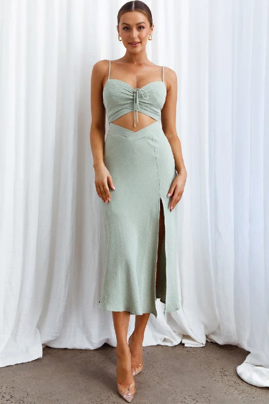 Twin Flame Drawstring Bust Midi Dress Sage